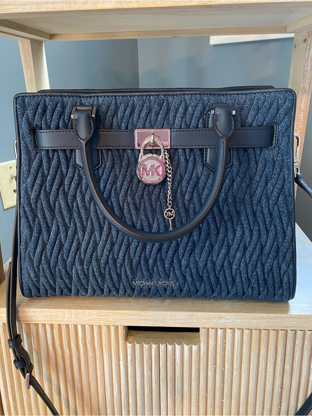 Michael Kors Navy Braided Quilted Satchel with Silver MK Charm (DEMIN)